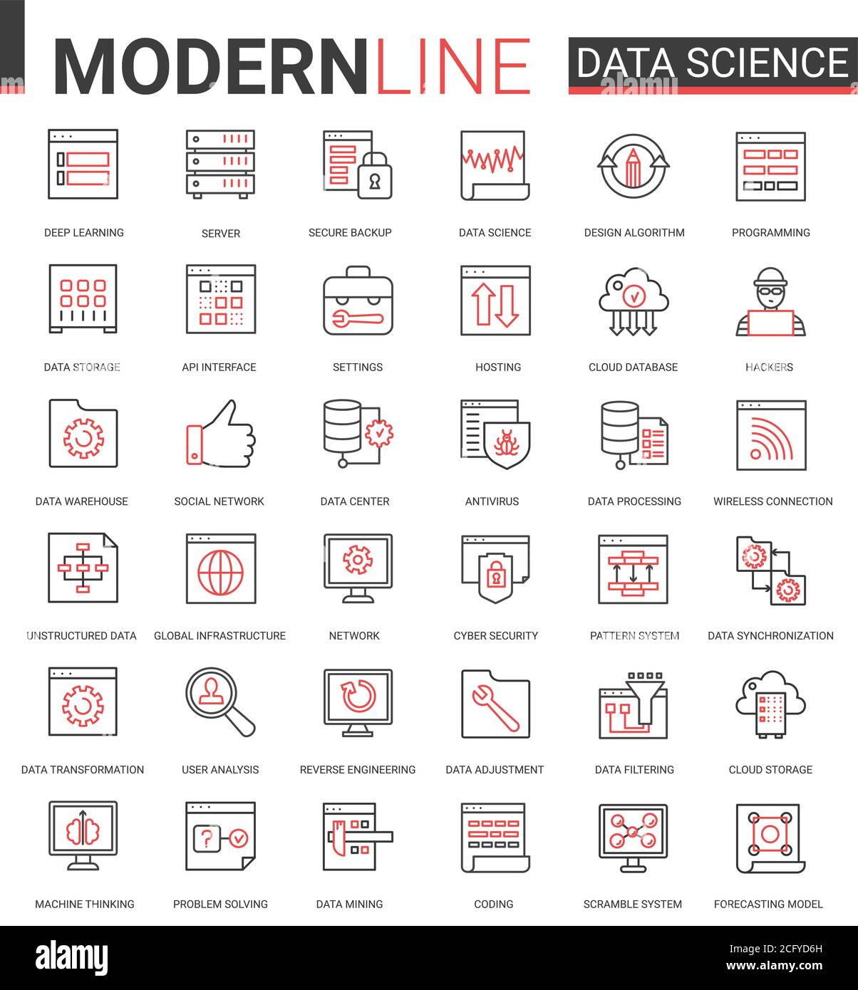 Data science thin red black line icon vector illustration set with outline symbols collection of scientific technology in database storage internet systems, cyber security of network connection Stock Vector