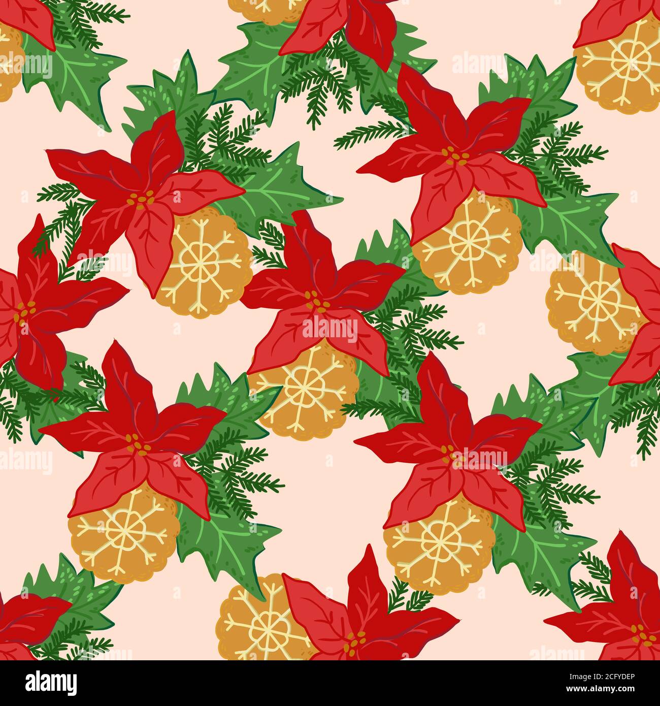 Christmas seamless pattern with Poinsettia flower and leaves, cartoon ...