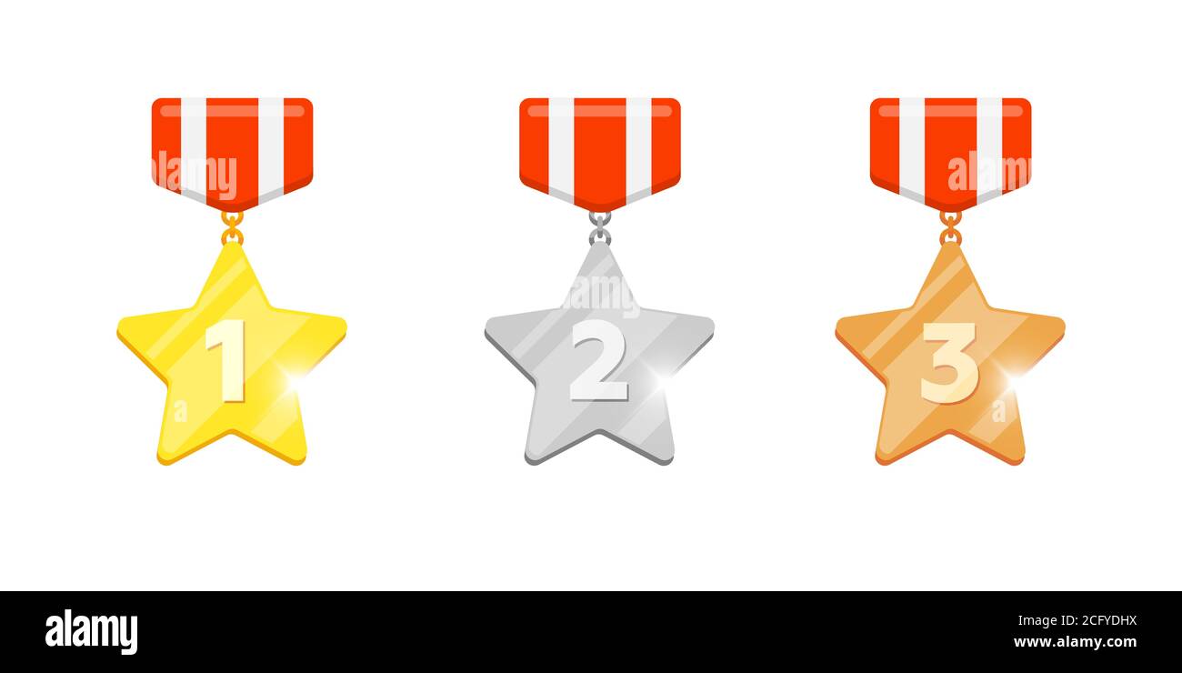 Gold silver bronze medal star reward set with first second third place number for video game or mobile apps animation. Winner trophy bonus achievement award flat icons isolated on white background Stock Vector
