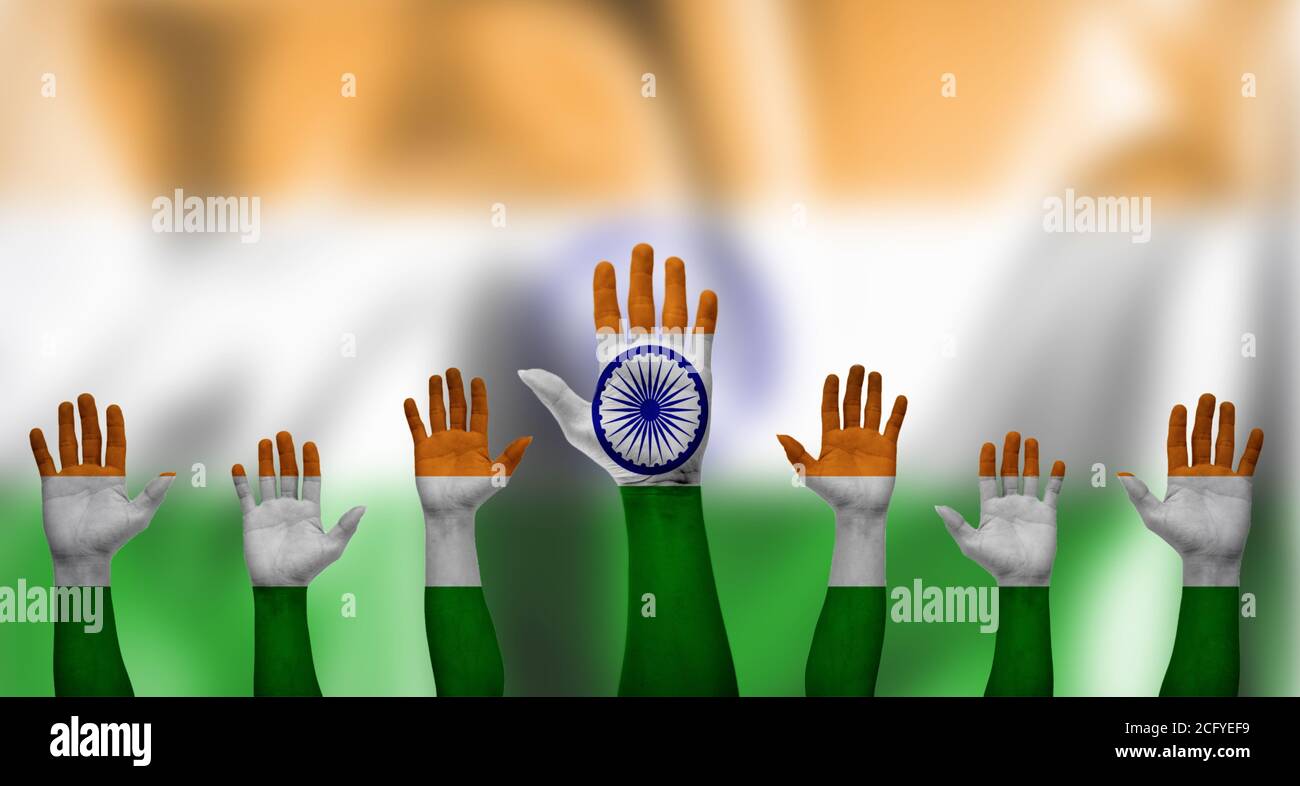 India national flag paint on hands. Human equal rights concept Stock Photo