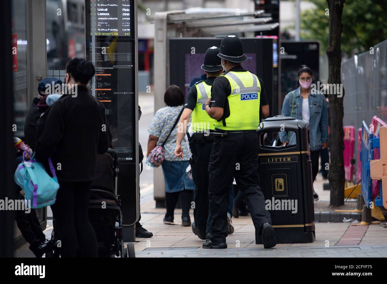 Police on patrol in Birmingham city centre days after a lone knifeman carried out a stabbing spree which saw one dead and several injured. Stock Photo