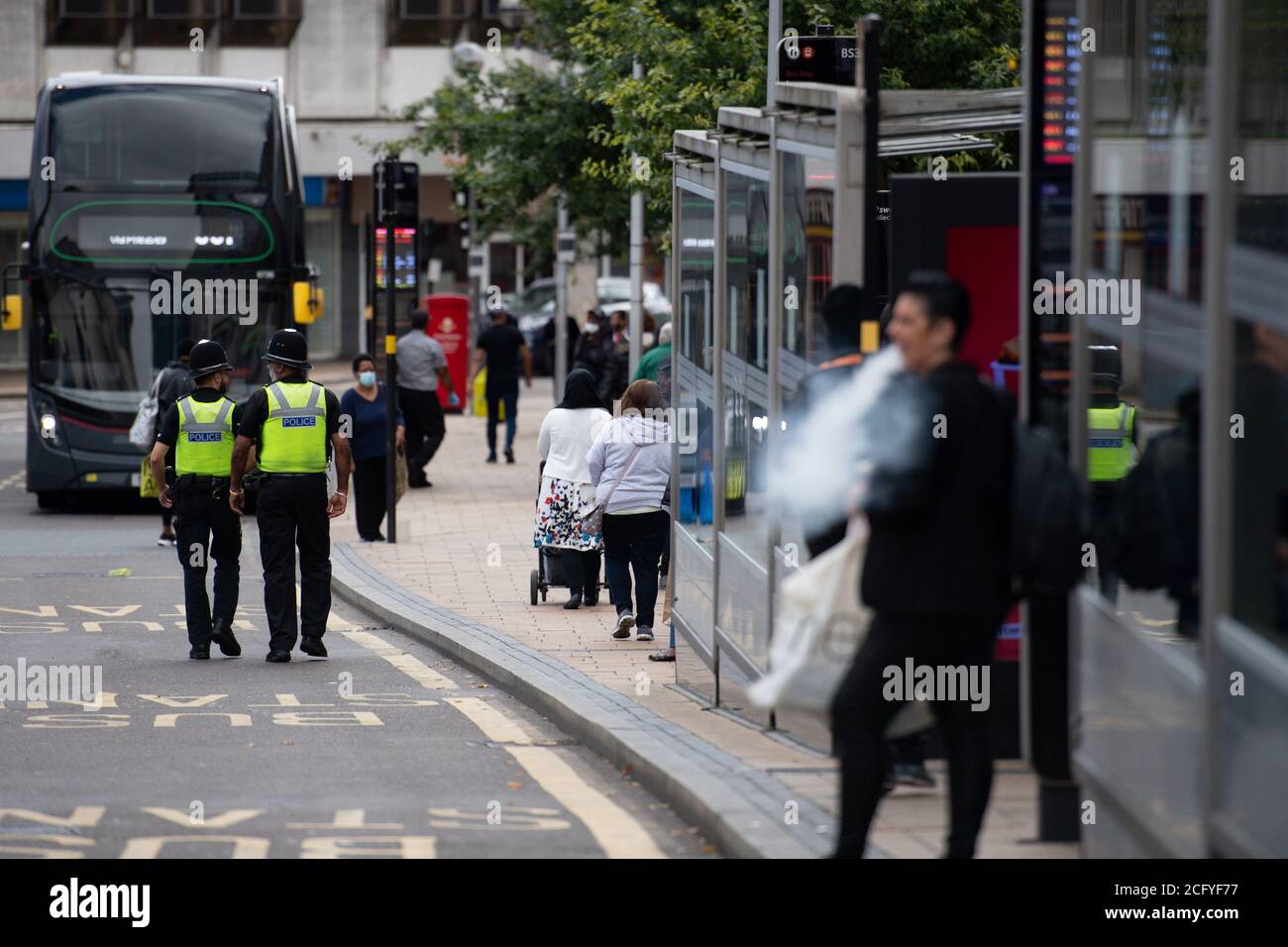 Police on patrol in Birmingham city centre days after a lone knifeman carried out a stabbing spree which saw one dead and several injured. Stock Photo
