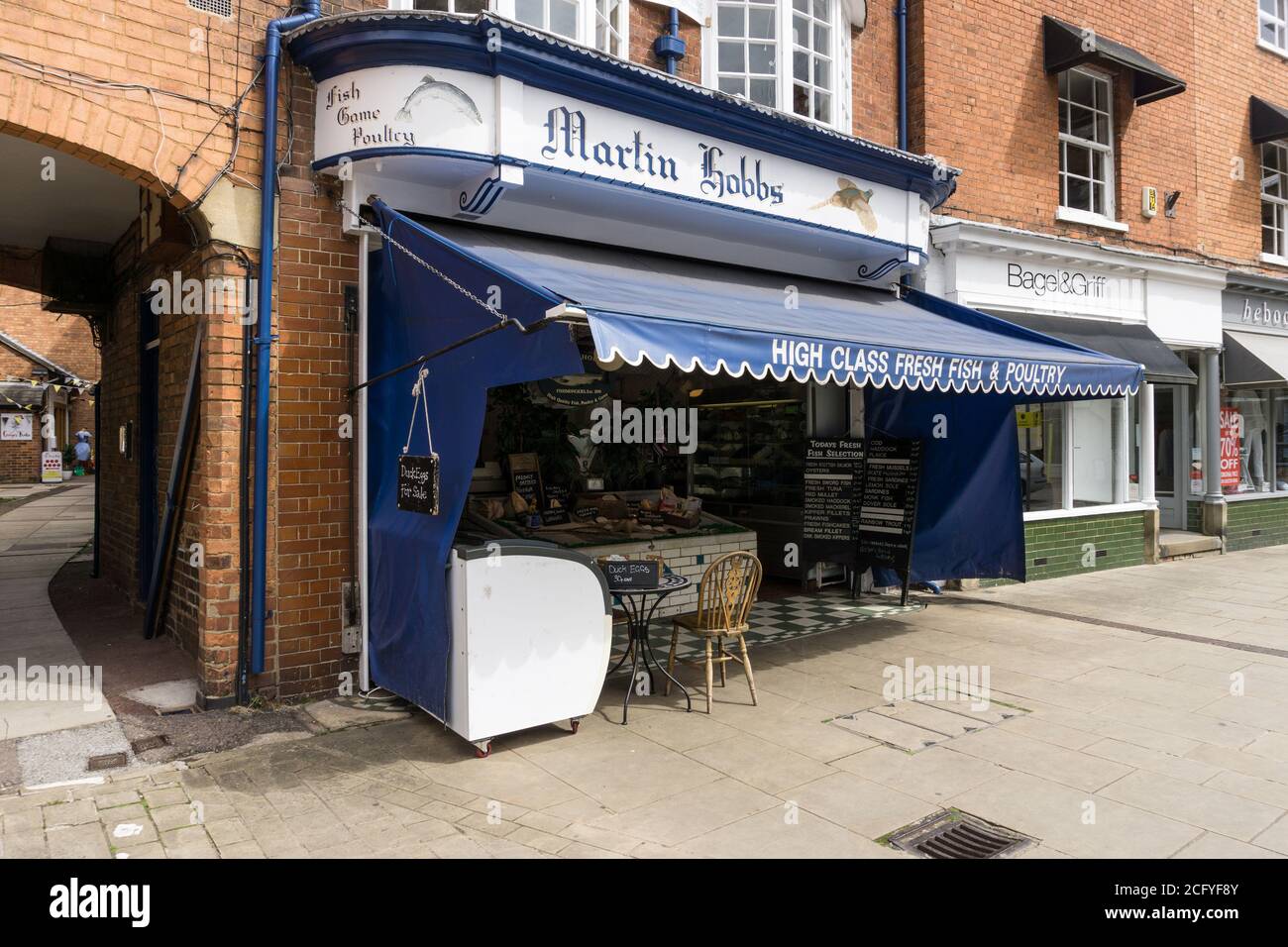 Martin Hobbs Fishmongers, Market Harborough, Leicestershire, UK; selling fish, poultry and game since 1890 Stock Photo