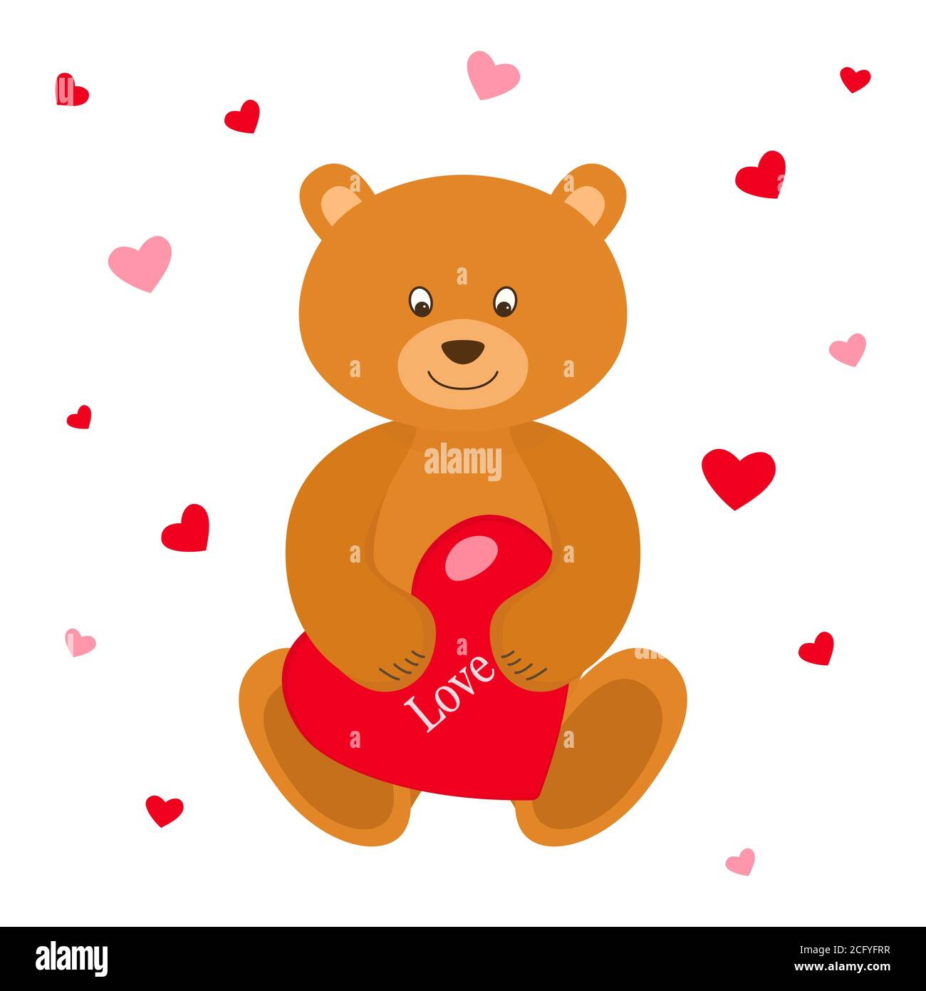 Teddy bear with red heart. Greeting card. Valentines Day. Vector