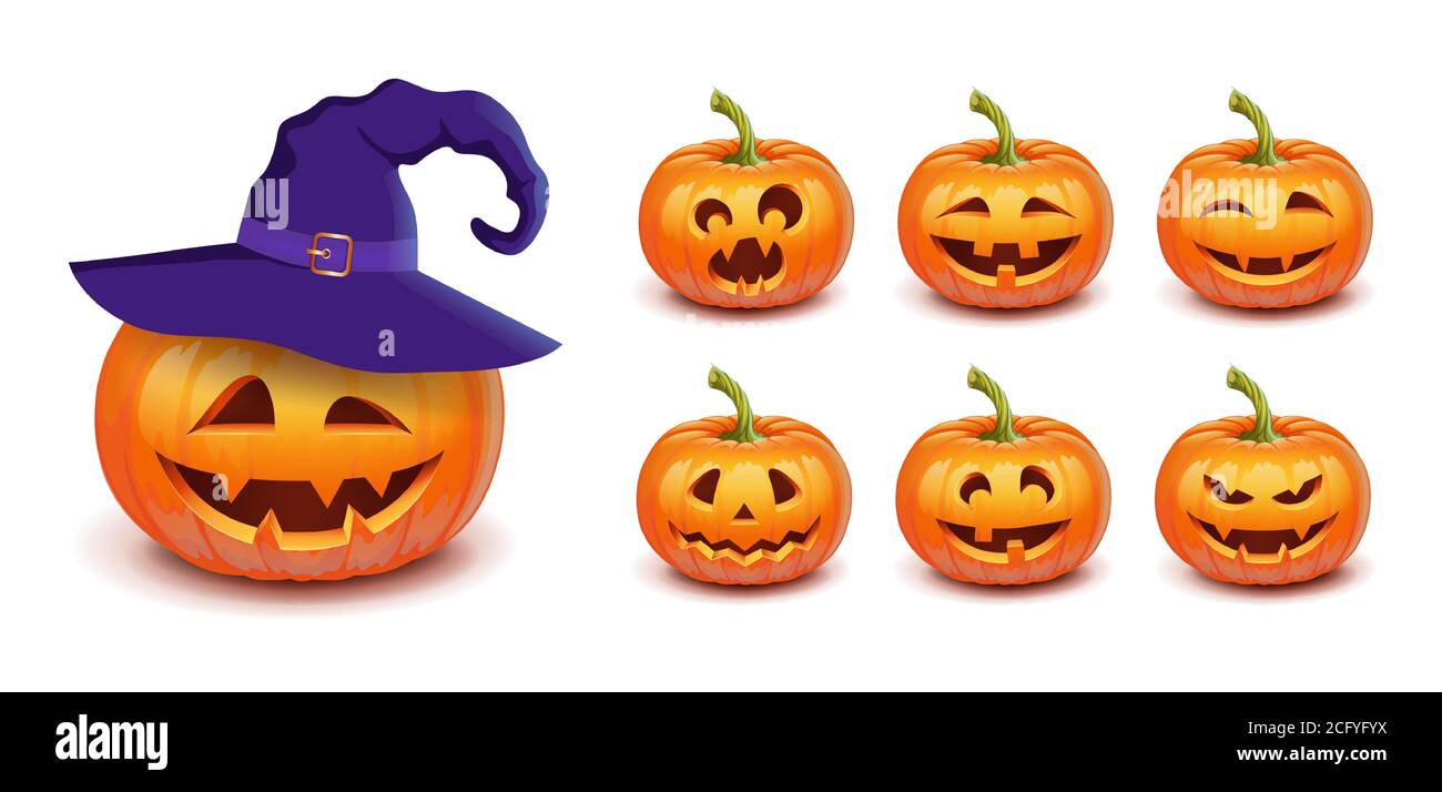 Set pumpkin on white background. The main symbol of the Happy Halloween holiday. Orange pumpkin with smile and witch hat for your design for the Stock Vector