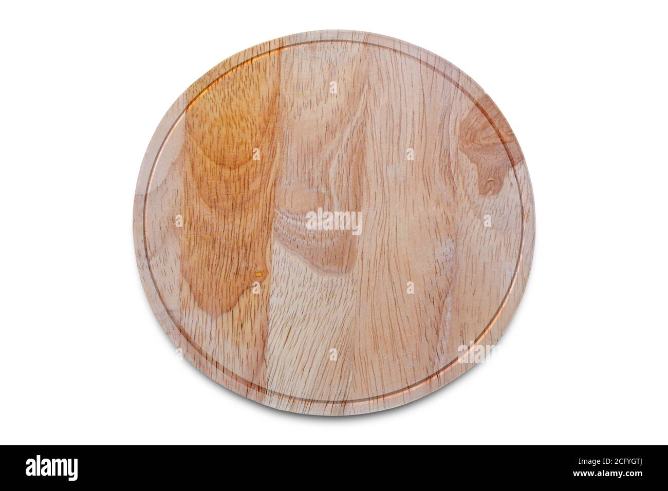 Round wood beech cutting board isolated on white. Wooden plate for meat and vegetable on white background.. Stock Photo