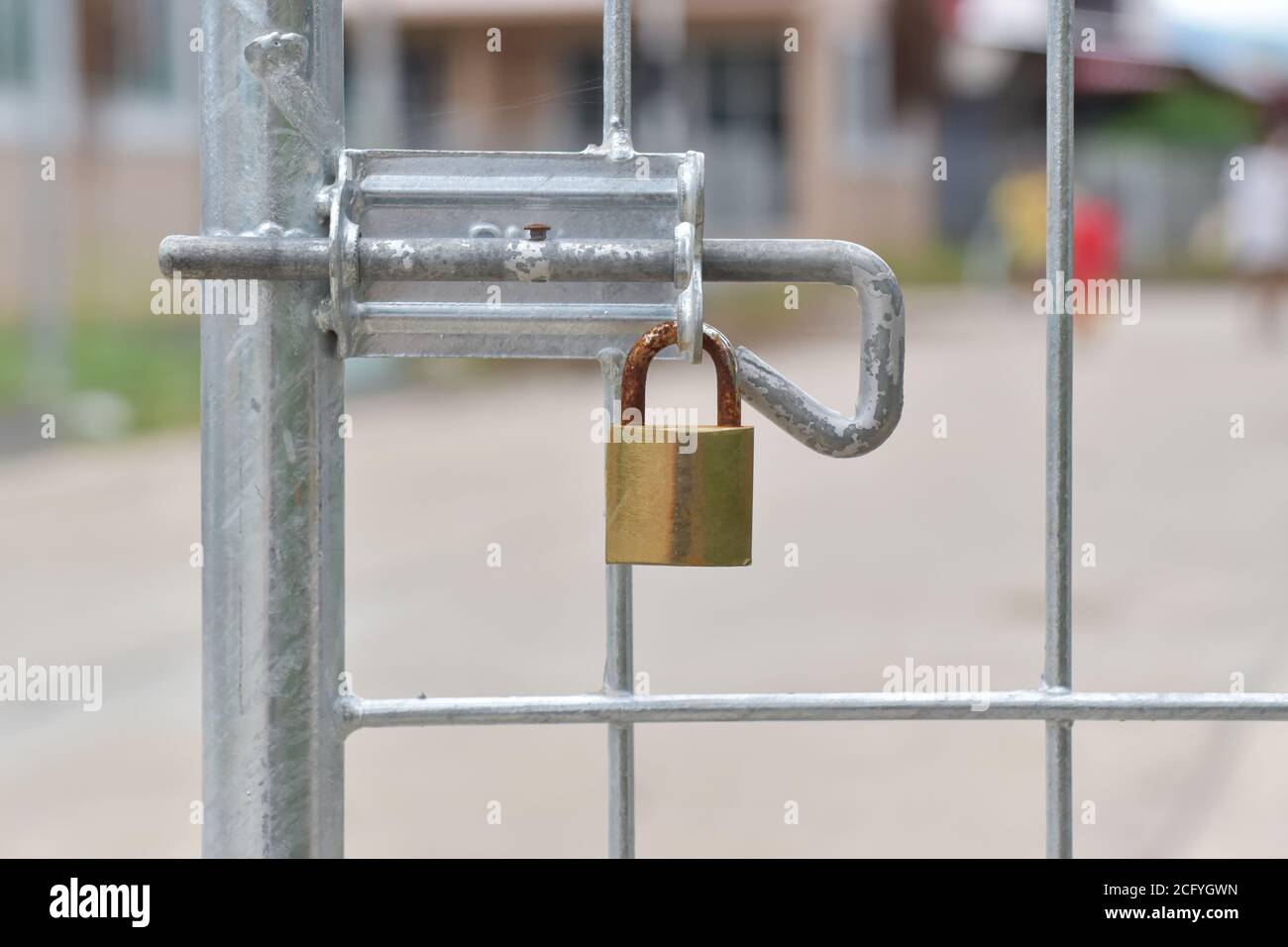 Steel fence locked with padlocks. Lock on a gate Stock Photo Alamy