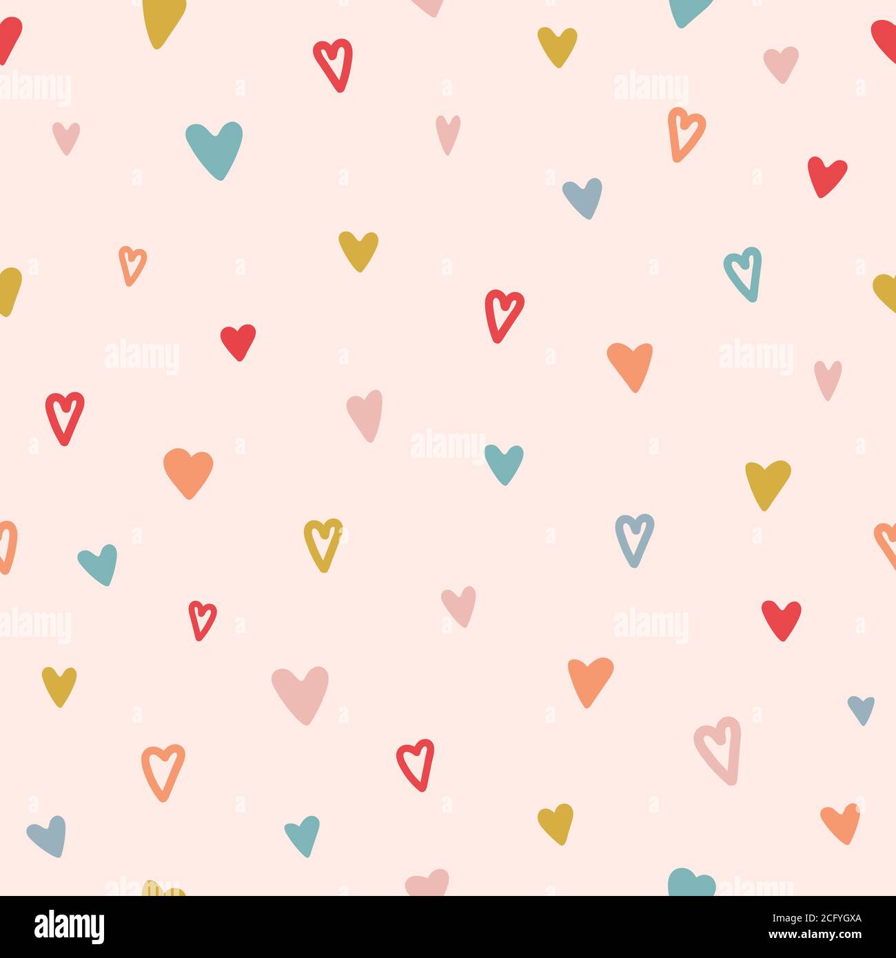 Heart seamless pattern. Color hand drawn heart texture. Valentines Day