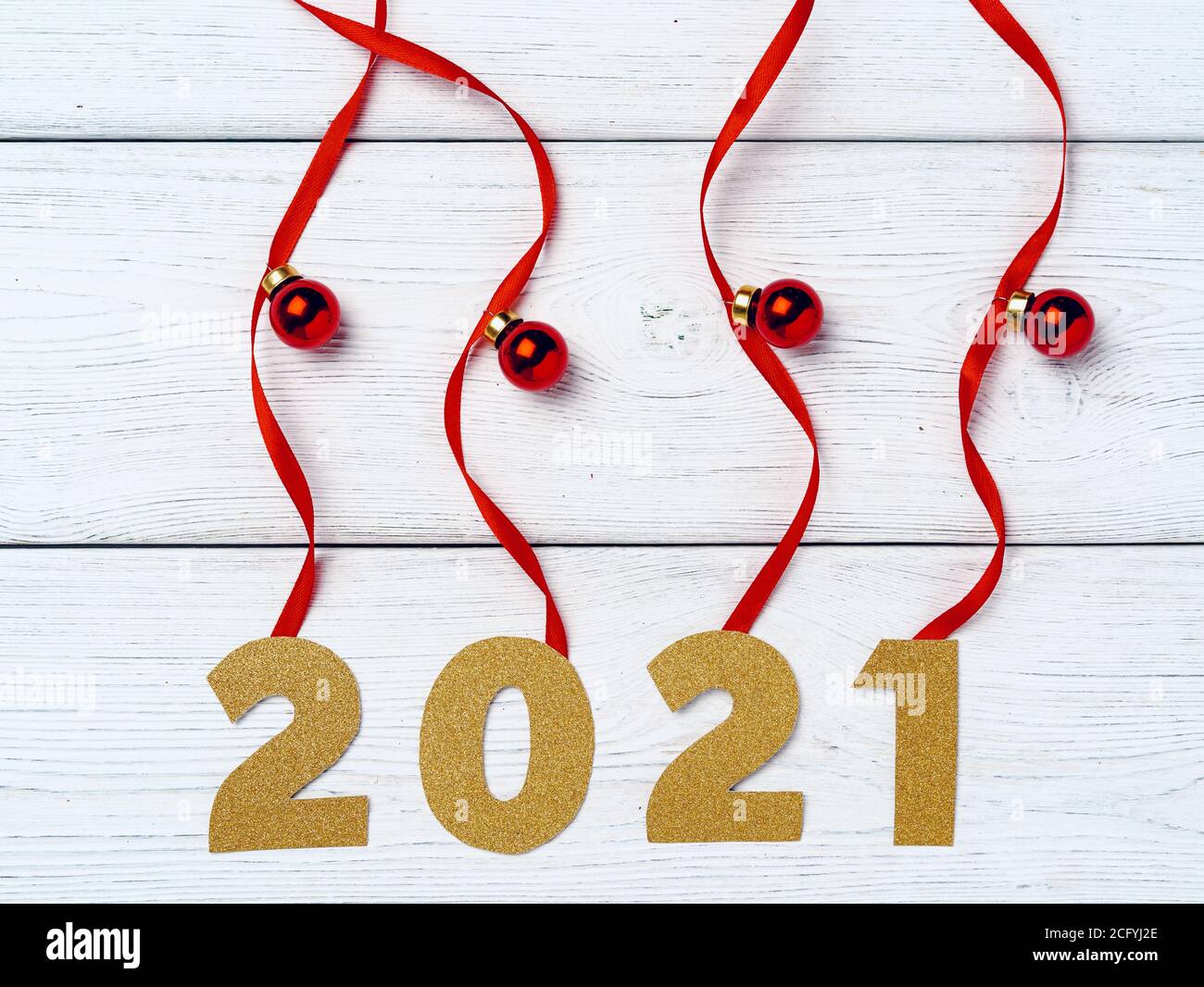 New year greeting background with red ribbons and baubles Stock Photo ...