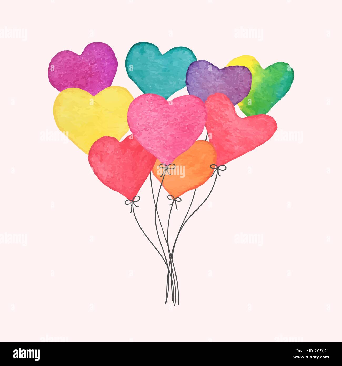 Watercolor hand drawn heart balloons. Hand made Valentines Day card ...