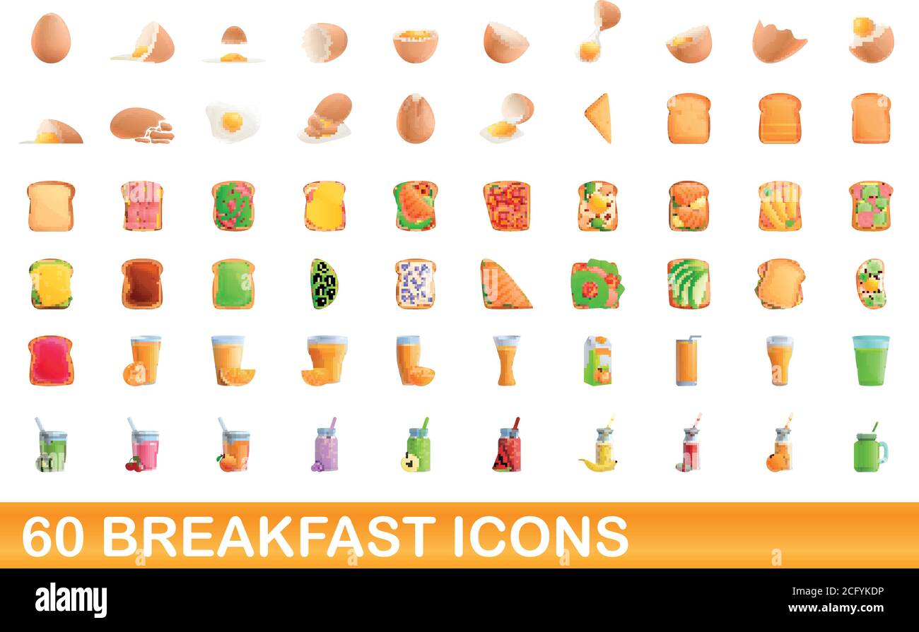 60 breakfast icons set. Cartoon illustration of 60 breakfast icons ...