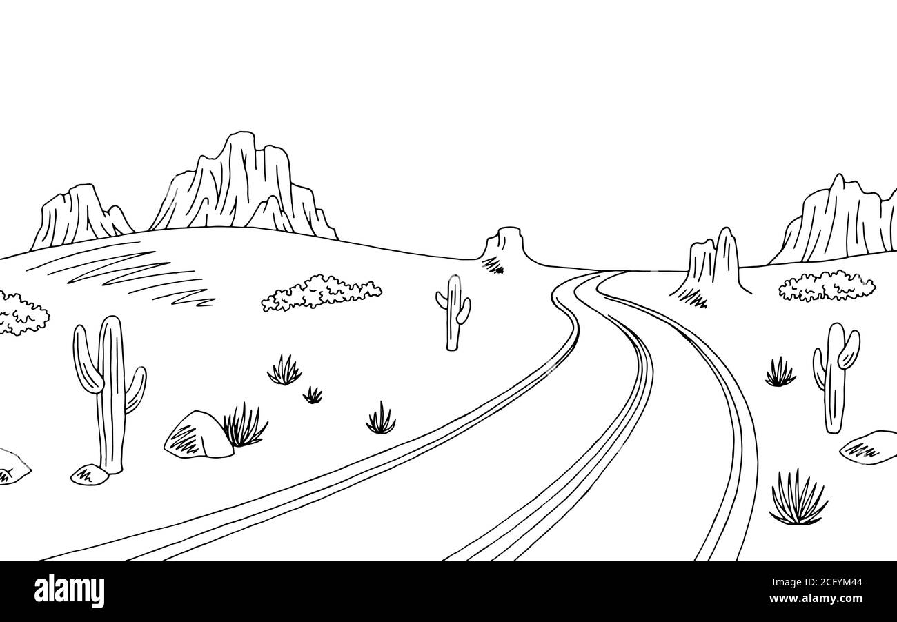 Prairie road graphic black white landscape sketch illustration vector Stock Vector