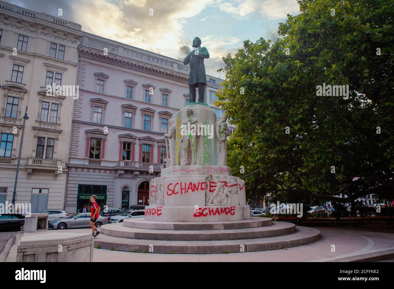 Vienna, Austria - 8 Sept 2020, statue with graffiti for black lives matter protest, slavery Stock Photo