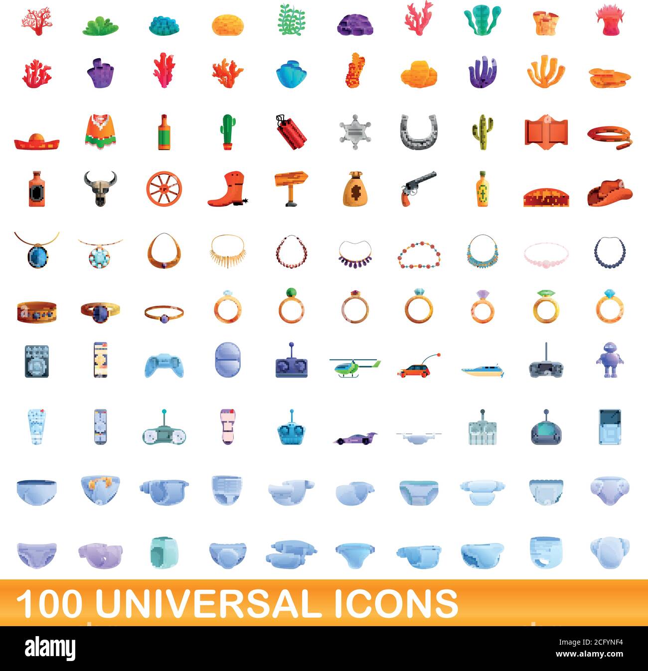 100 universal icons set. Cartoon illustration of 100 universal icons ...