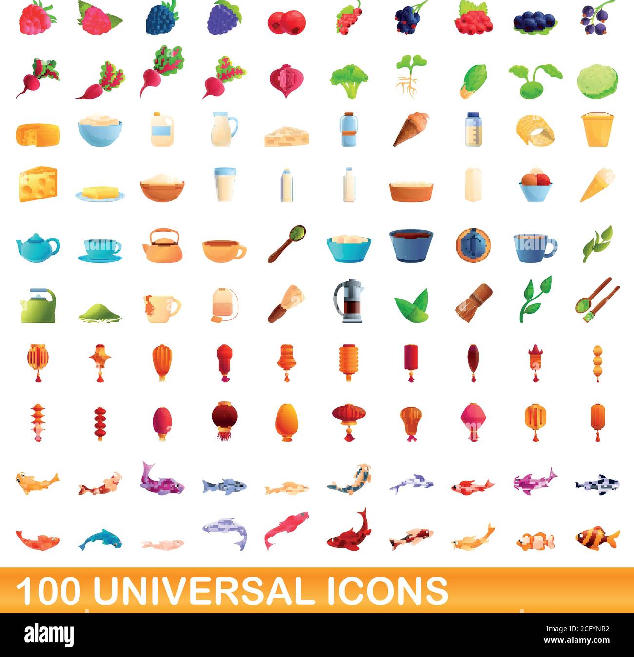 100 universal icons set. Cartoon illustration of 100 universal icons ...