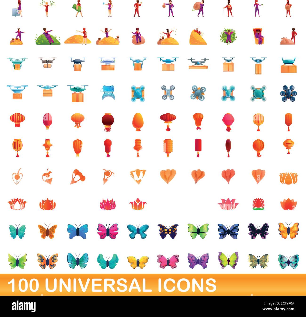 100 universal icons set. Cartoon illustration of 100 universal icons ...
