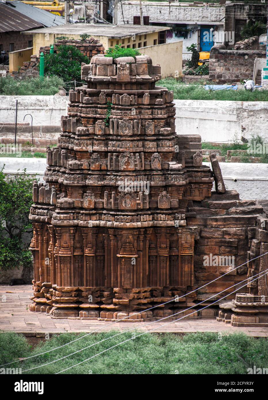 Ancient Hindu temple built by Badami chalukyas in red sandstone rock, having ancient indian architecture. Stock Photo