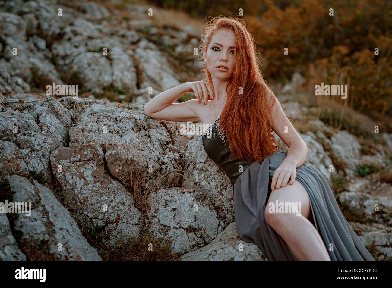beautiful furious scandinavian warrior ginger woman in grey dress with metal chain mail. Woman is a Viking. Fantasy. Book Cover Stock Photo