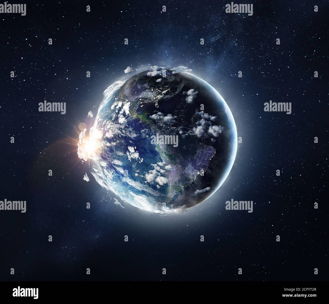 Full view of planet Earth from the space. Half day and night concept. Some  elements by NASA images Stock Photo - Alamy, image size:1300x1204