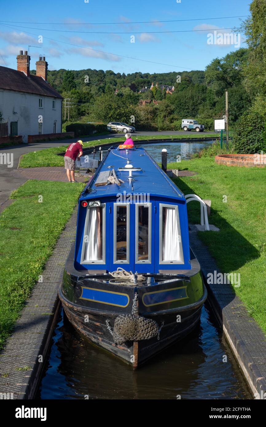 Barge entering lock on the Staffordshire & Worcestershire Canal. Kinver. UK Stock Photo