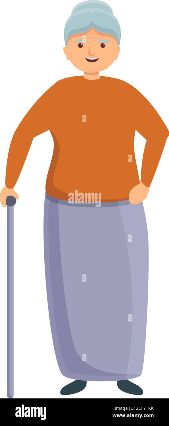 Smiling granny with walking stick icon. Cartoon of smiling granny with ...