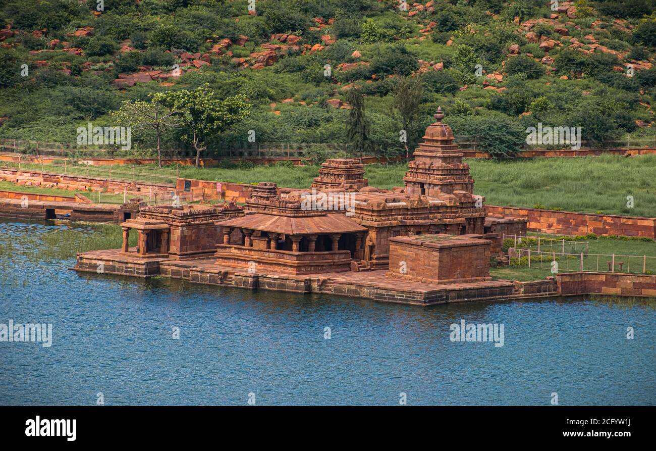 Ancient badami bhutanatha temple built on Agastya lake around 1000 years ago. Stock Photo