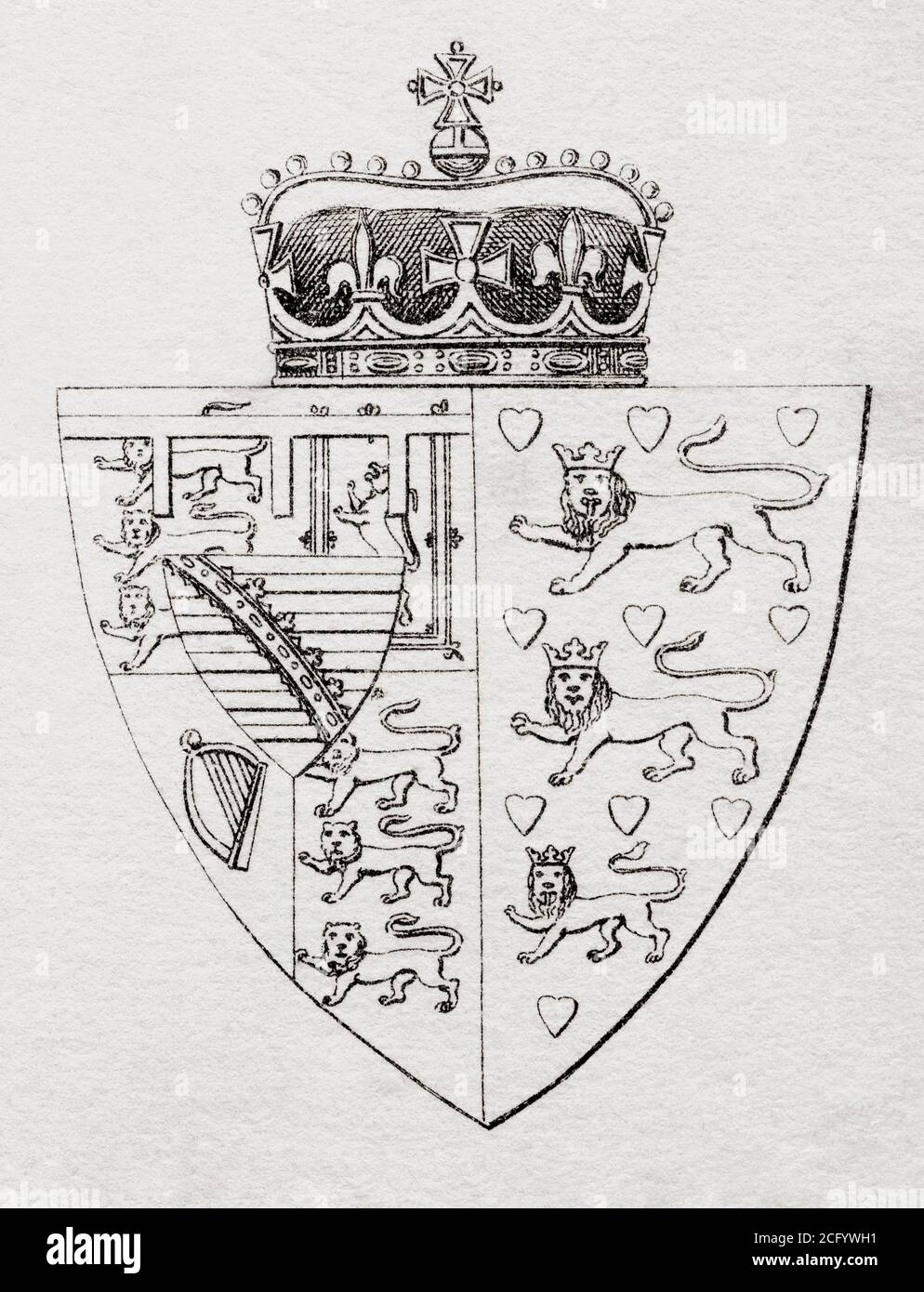 Arms of the Princess of Wales, Impaled by the Prince of Wales.  Impalement or marshalling is a combination of two coats of arms side by side in one divided heraldic shield to denote a union, most often that of a husband and wife, in this case the Prince and Princess of Wales.  From The National Encyclopaedia: A Dictionary of Universal Knowledge, published c.1890 Stock Photo