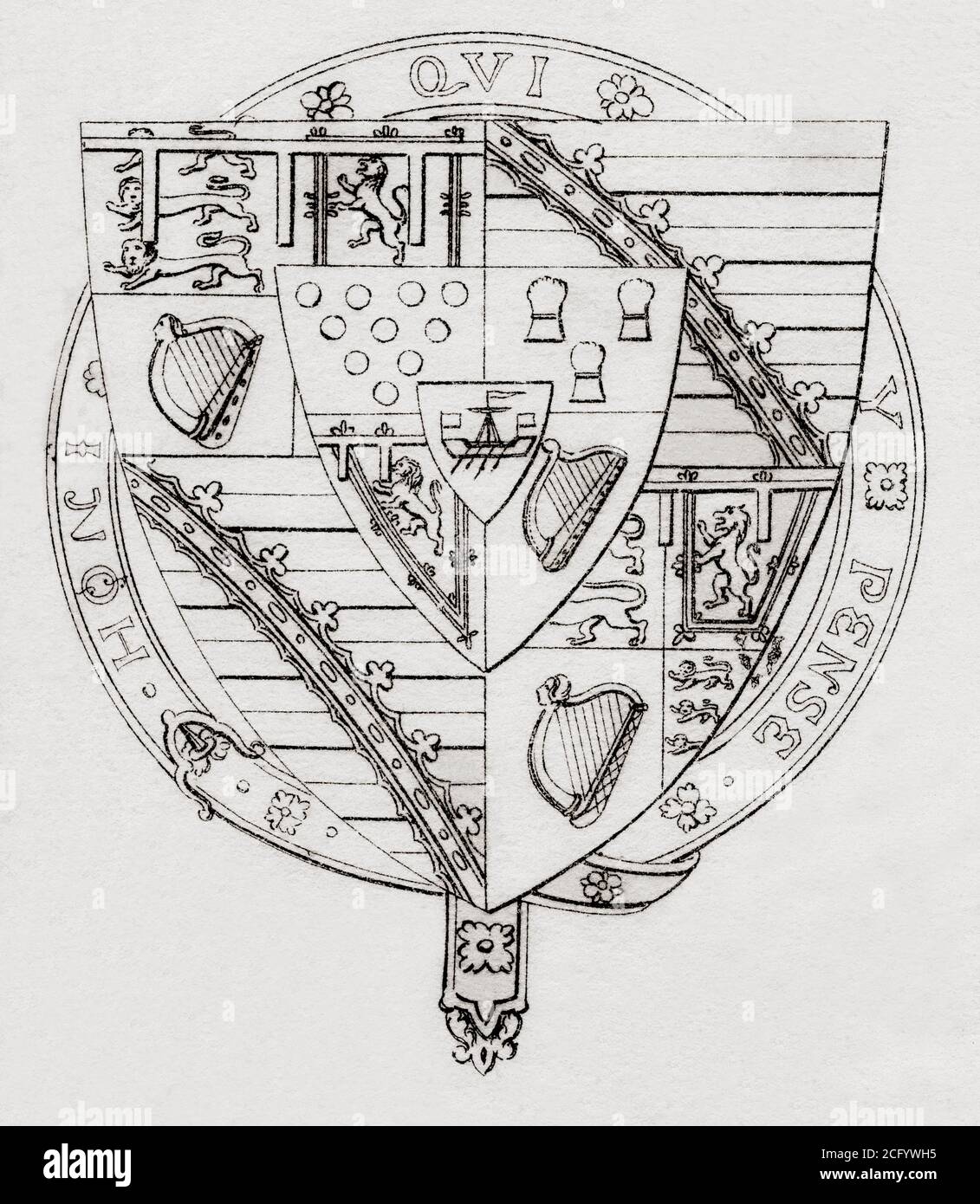 Arms of the Prince of Wales, Marshalled.  Impalement or marshalling is a combination of two coats of arms side by side in one divided heraldic shield to denote a union, most often that of a husband and wife, in this case the Prince and Princess of Wales.  From The National Encyclopaedia: A Dictionary of Universal Knowledge, published c.1890 Stock Photo