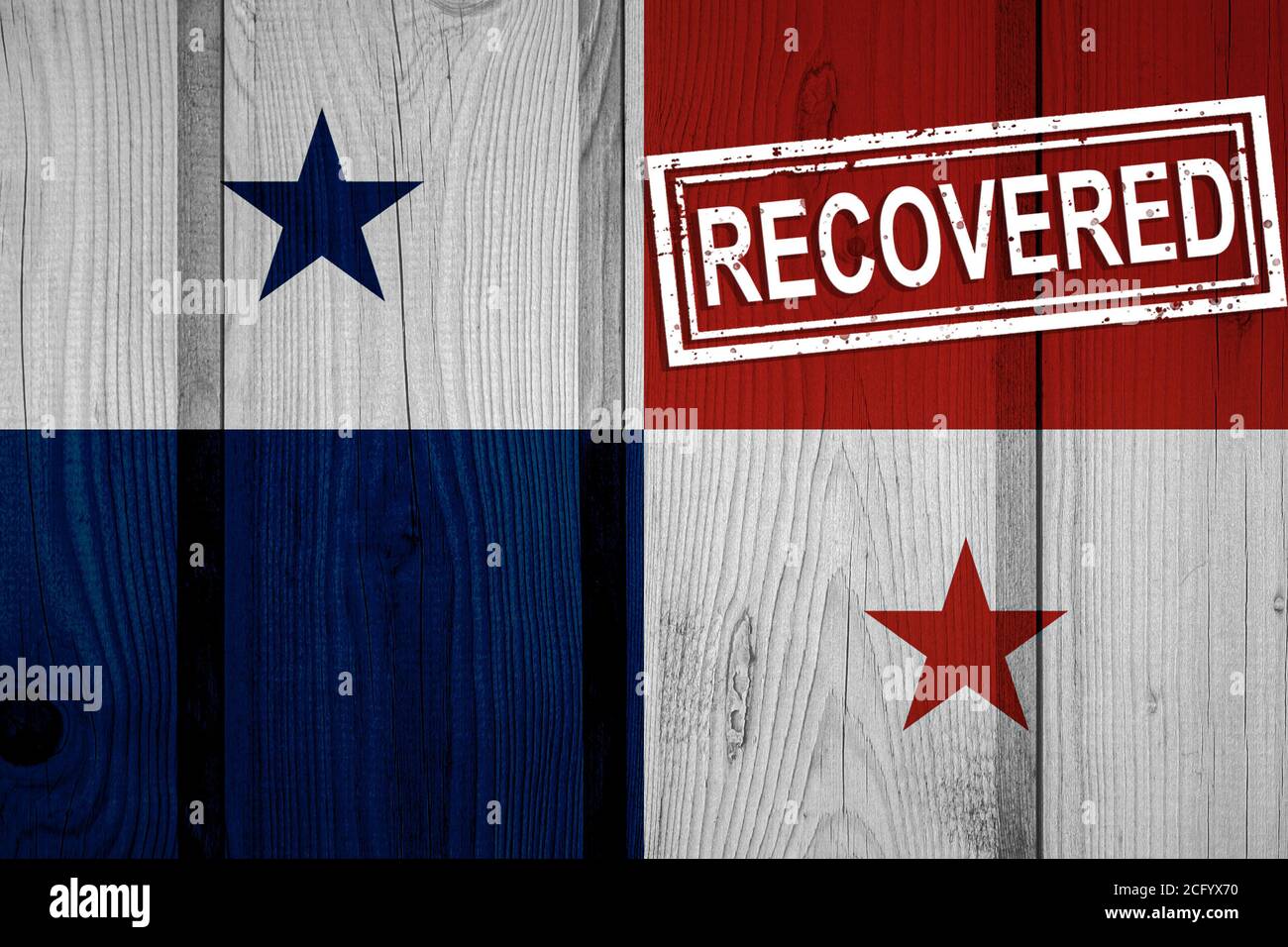 flag of Panama that survived or recovered from the infections of corona virus epidemic or coronavirus. Grunge flag with stamp Recovered Stock Photo