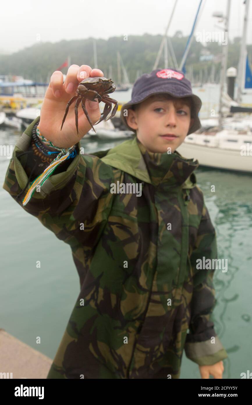 Eleven year old boy fishing for crabs Dartmouth, Devon, England, United Kingdom. Stock Photo