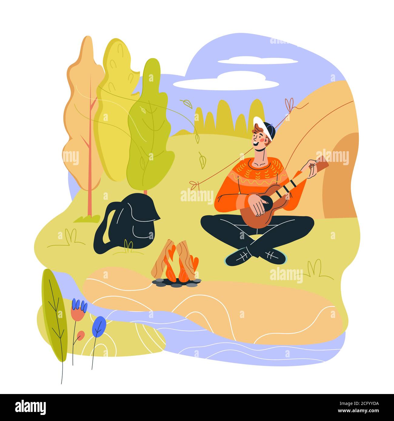 Tourist near campfire and camping tent. Hiking Stock Vector Image & Art ...