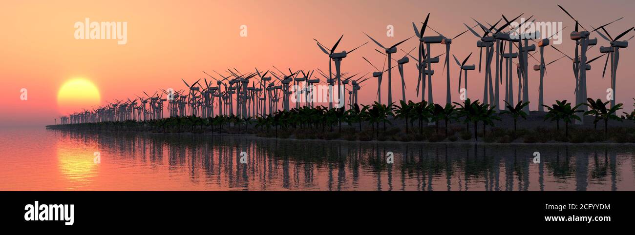 3d illustration of energy concept, sunset and wind turbine Stock Photo ...
