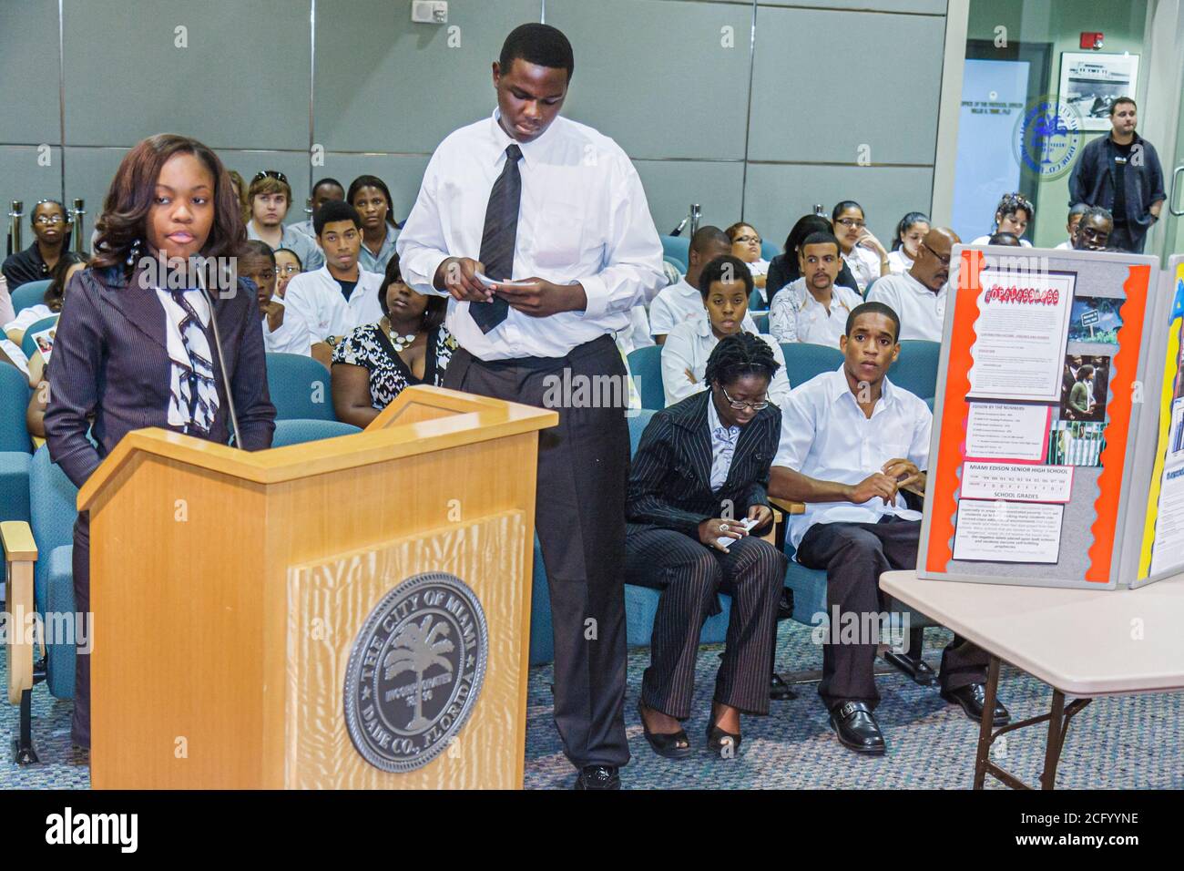 Miami Florida,Coconut Grove Miami City Hall building,Commission Chambers High School Youth Council Presentation,student students speaker speaks public Stock Photo