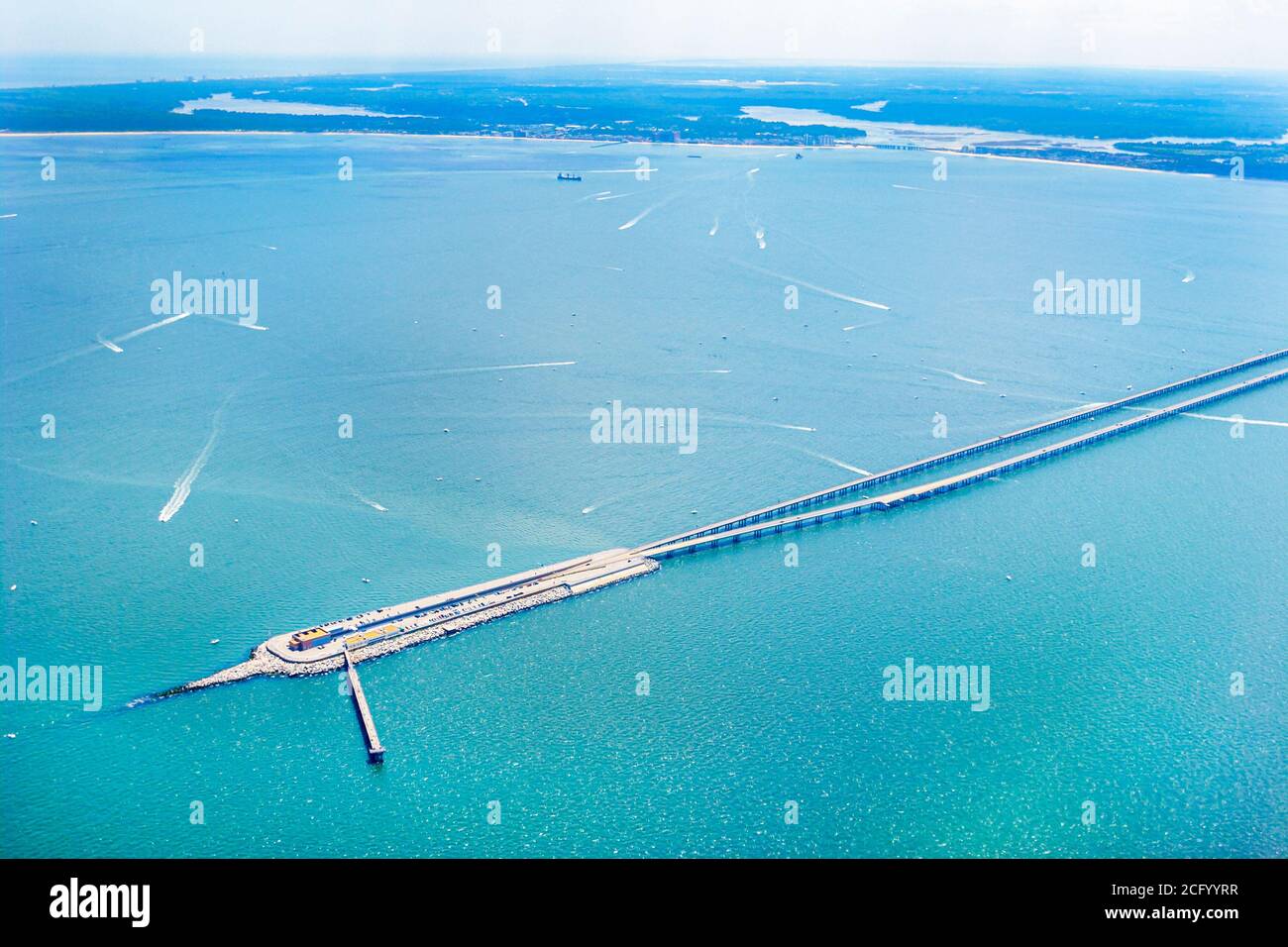 Virginia Beach Chesapeake Bay Bridge Tunnel,boats aerial overhead from above view water, Stock Photo