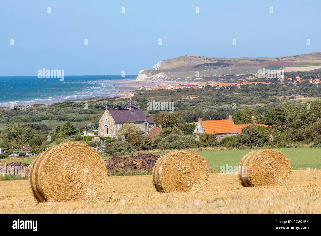 France, Pas de Calais, Cote d'Opale, Tardinghen, St martin church, in the background Wissant and Cap Blanc Nez Stock Photo