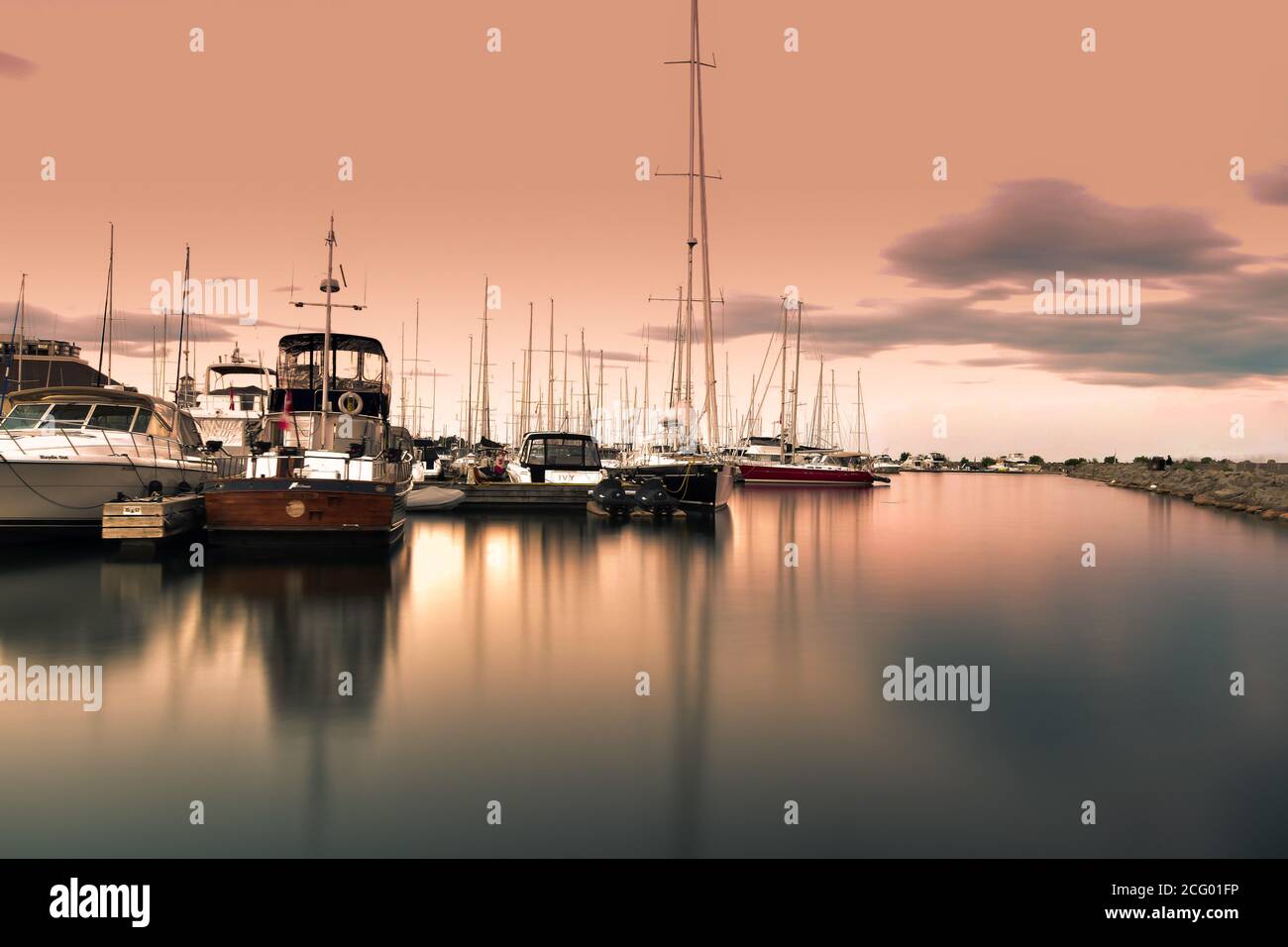 Bronte Harbor, Oakville, Sunset time, long exposure, Goldish background