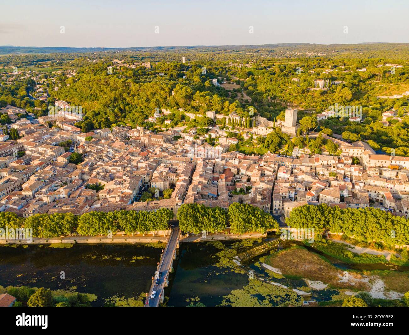 France, Gard, Sommieres and the Vidourle river (aerial view) Stock Photo