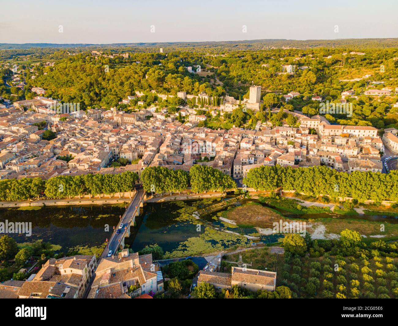 France, Gard, Sommieres and the Vidourle river (aerial view) Stock Photo