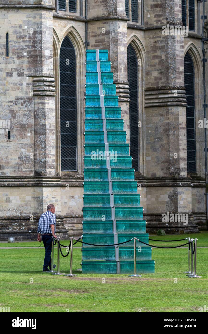 Stairway by Danny Lane is among giant pieces of contemporary artwork in the grounds of Salisbury Cathedral as part of an art exhibition called Spirit and Endeavour, celebrating 800 years since the first cathedral stone was laid, Salisbury, Wiltshire, England, UK, 8th September 2020. Stock Photo