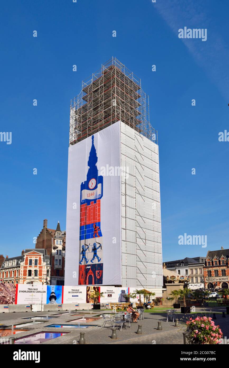 France, Pas de Calais, Bethune, grand place, Belfry listed as World Heritage by UNESCO under restoration Stock Photo