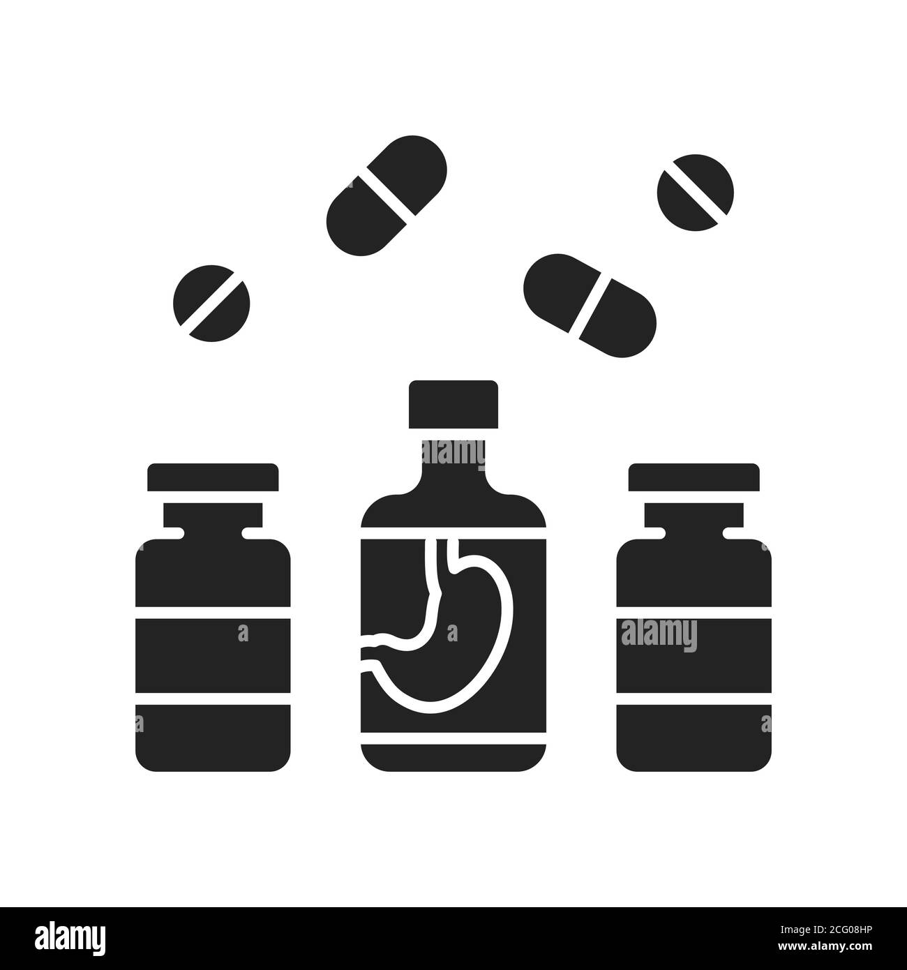Pharmaceutical product black glyph icon. Digestive tract diseases. Sign for web page, mobile app, button, logo. Stock Vector