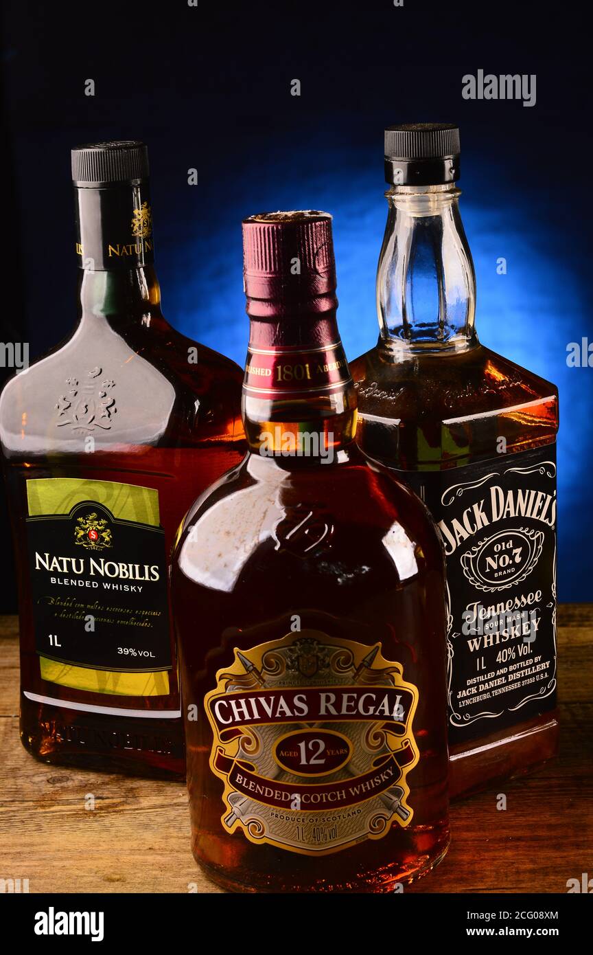 Bottles of different brands of whiskey Stock Photo