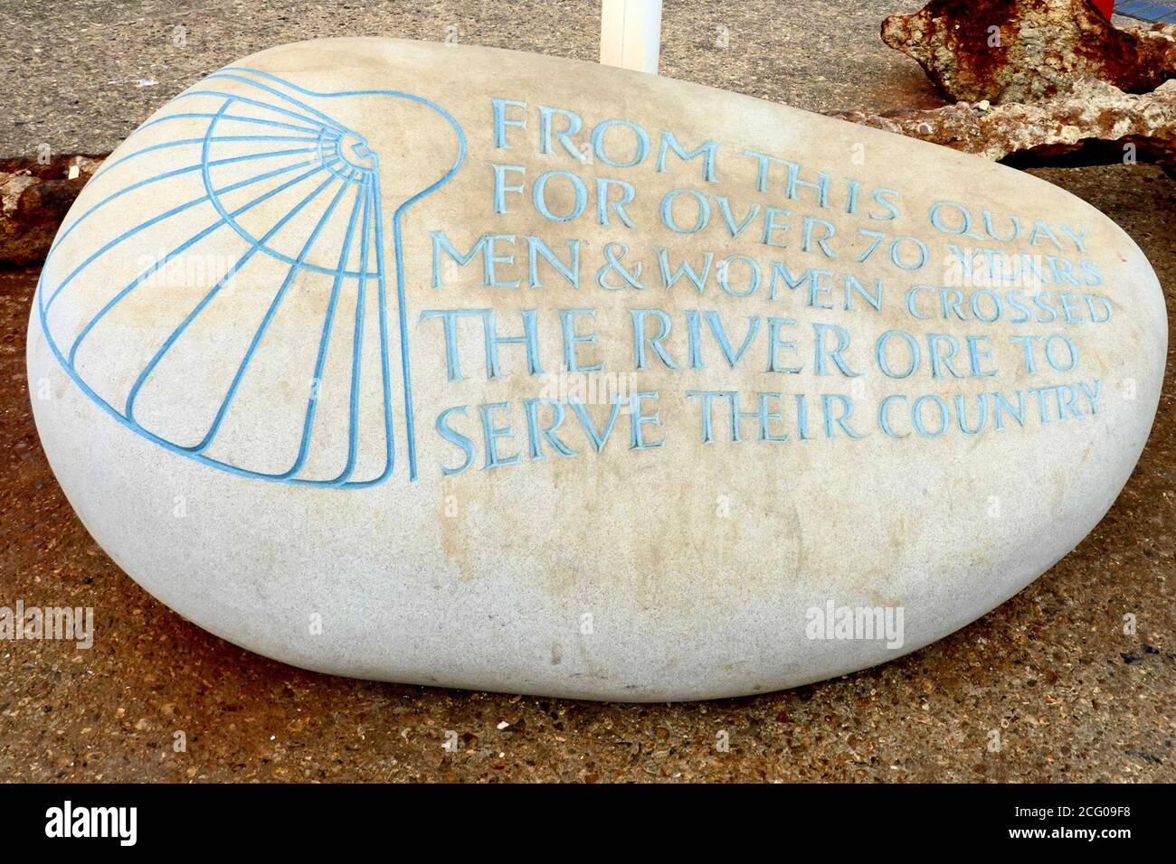 Orford, Suffolk, UK - 8 September 2020: Memorial stone to remember workers at Orford Ness, historically the home of top secret military projects. Stock Photo