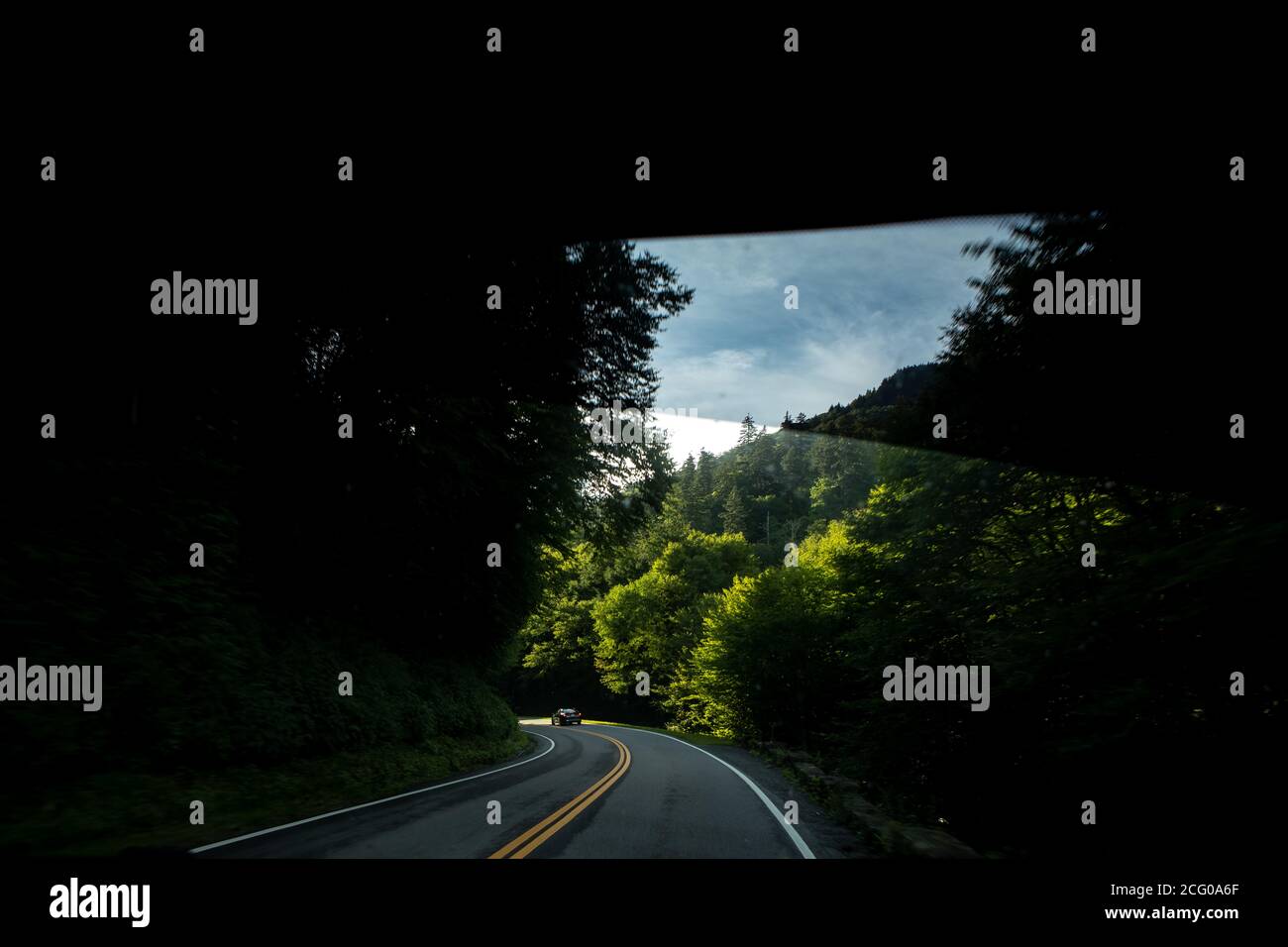 Car on Road trip though great smoky mountain national park Stock Photo