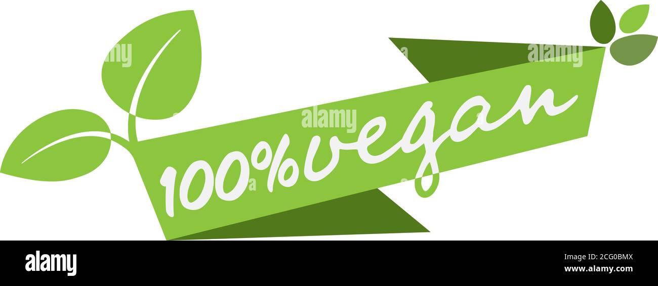 green 100 percent vegan banner or label with leaves vector illustration Stock Vector