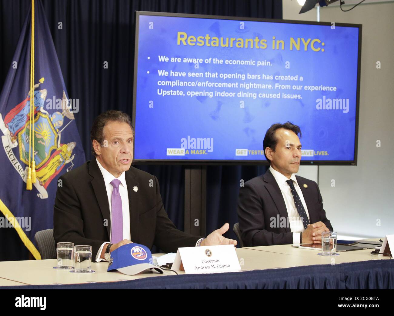 New York Governor Andrew Cuomo holds a briefing related to COVID-19 in New York City on Tuesday, September 8, 2020. Gov. Cuomo gave reasons for not reopening indoor dining in New York City and also that all K-12 schools in the state will submit a daily Covid-19 report card.     Photo by John Angelillo/UPI Stock Photo