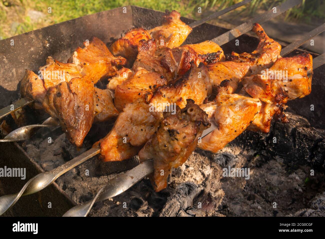 Juicy, fragrant kebabs on the grill Stock Photo