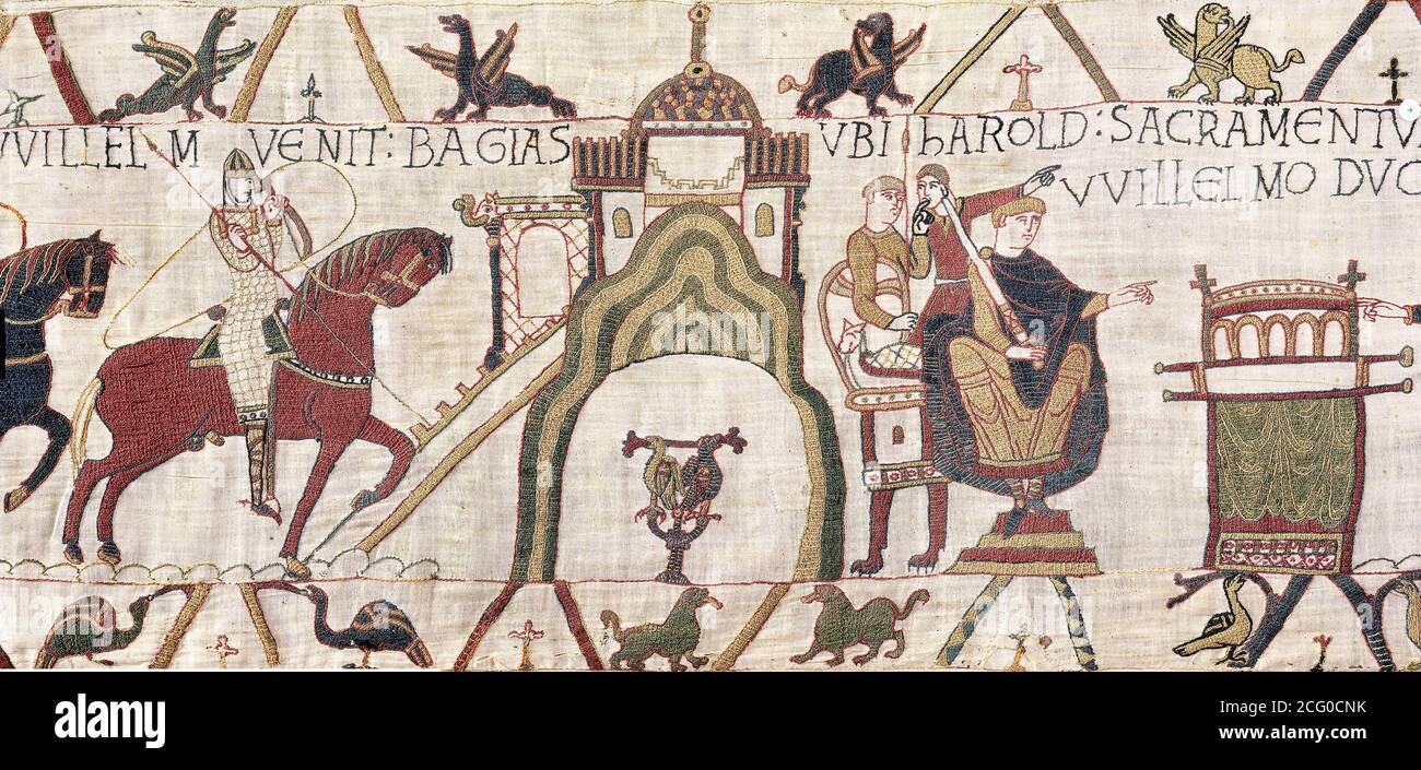 Detail from the Bayeux Tapestry. Scene 22 shows Earl Harold making a sacred oath before Duke William of Normandy at Bayeux. Stock Photo