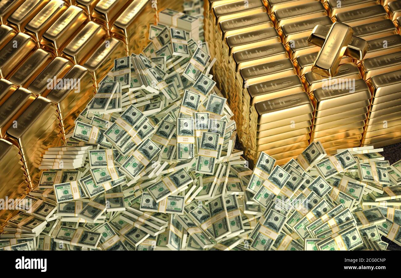 Gold bars and Dollar banknotes background. 3D Rendering Stock Photo - Alamy