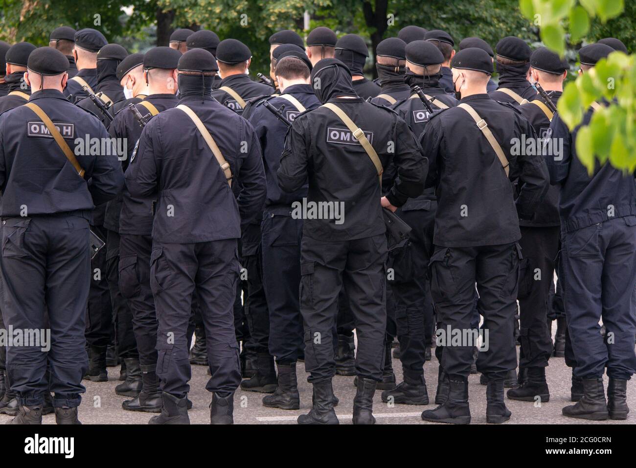 Formation of soldiers of the Russian OMON(riot police), removed from the back Stock Photo
